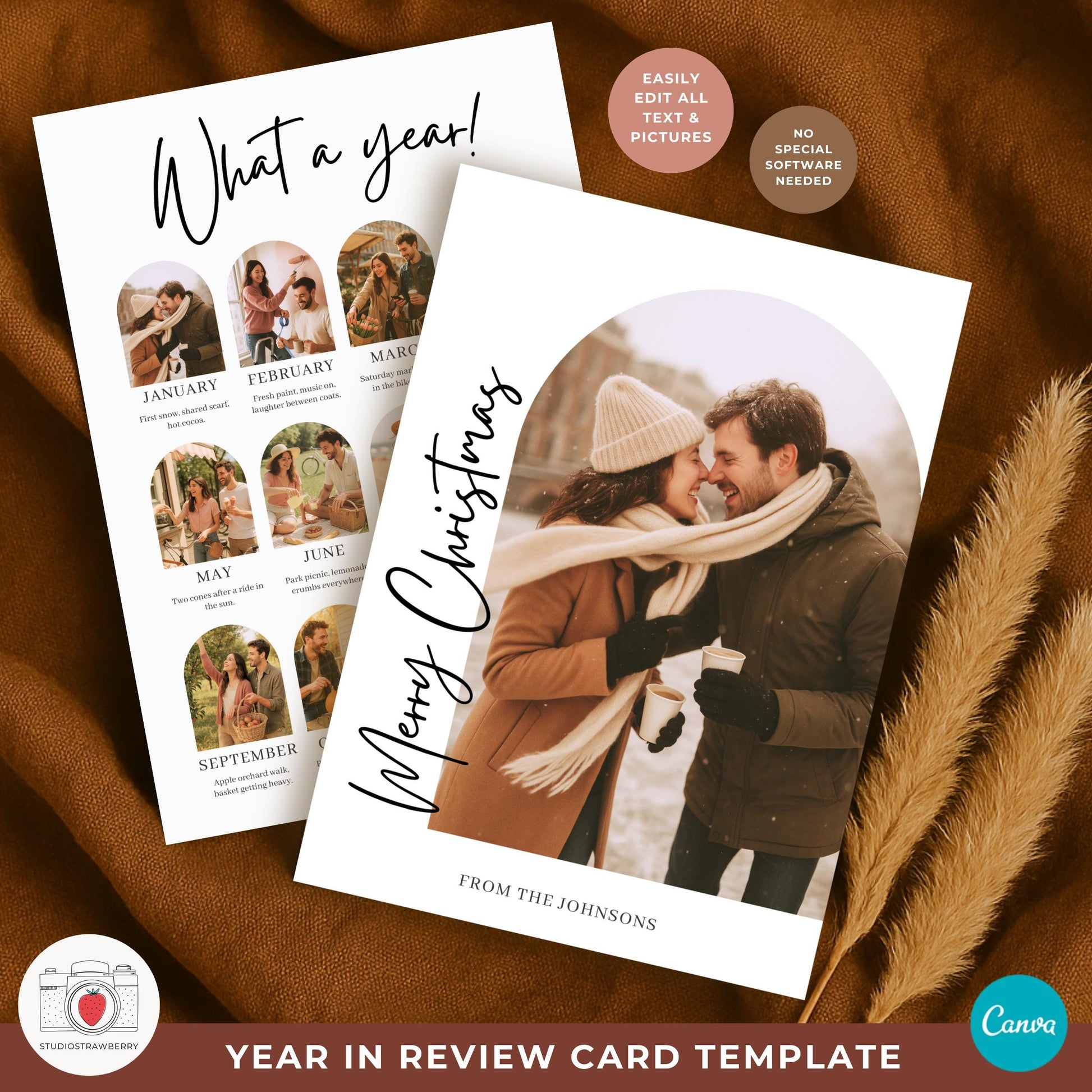 Double sided Christmas card template displaying the year recap layout on the reverse.