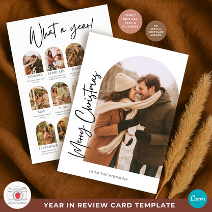 Double sided Christmas card template displaying the year recap layout on the reverse.