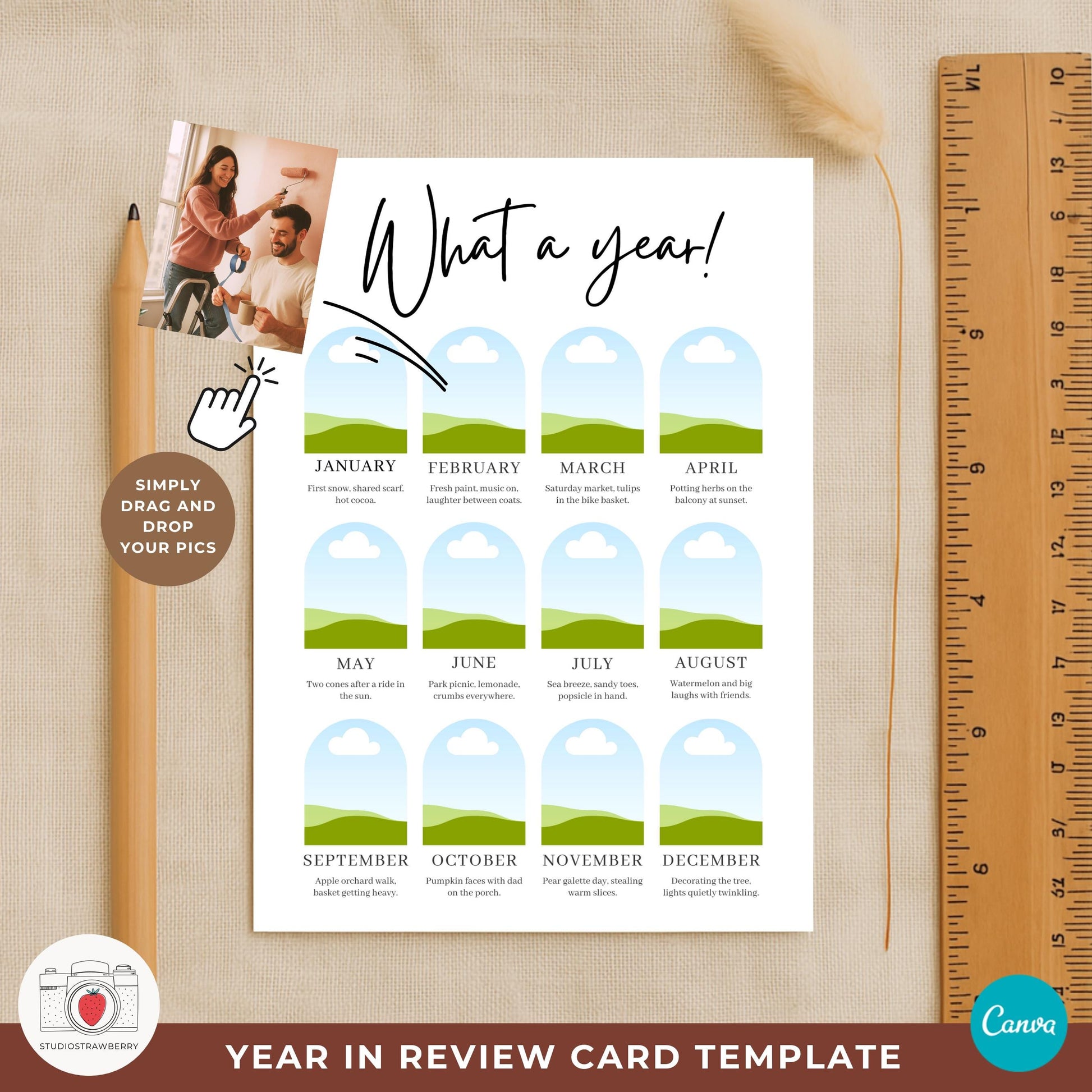 Couple year in review card mockup with romantic winter photo and monthly highlights.