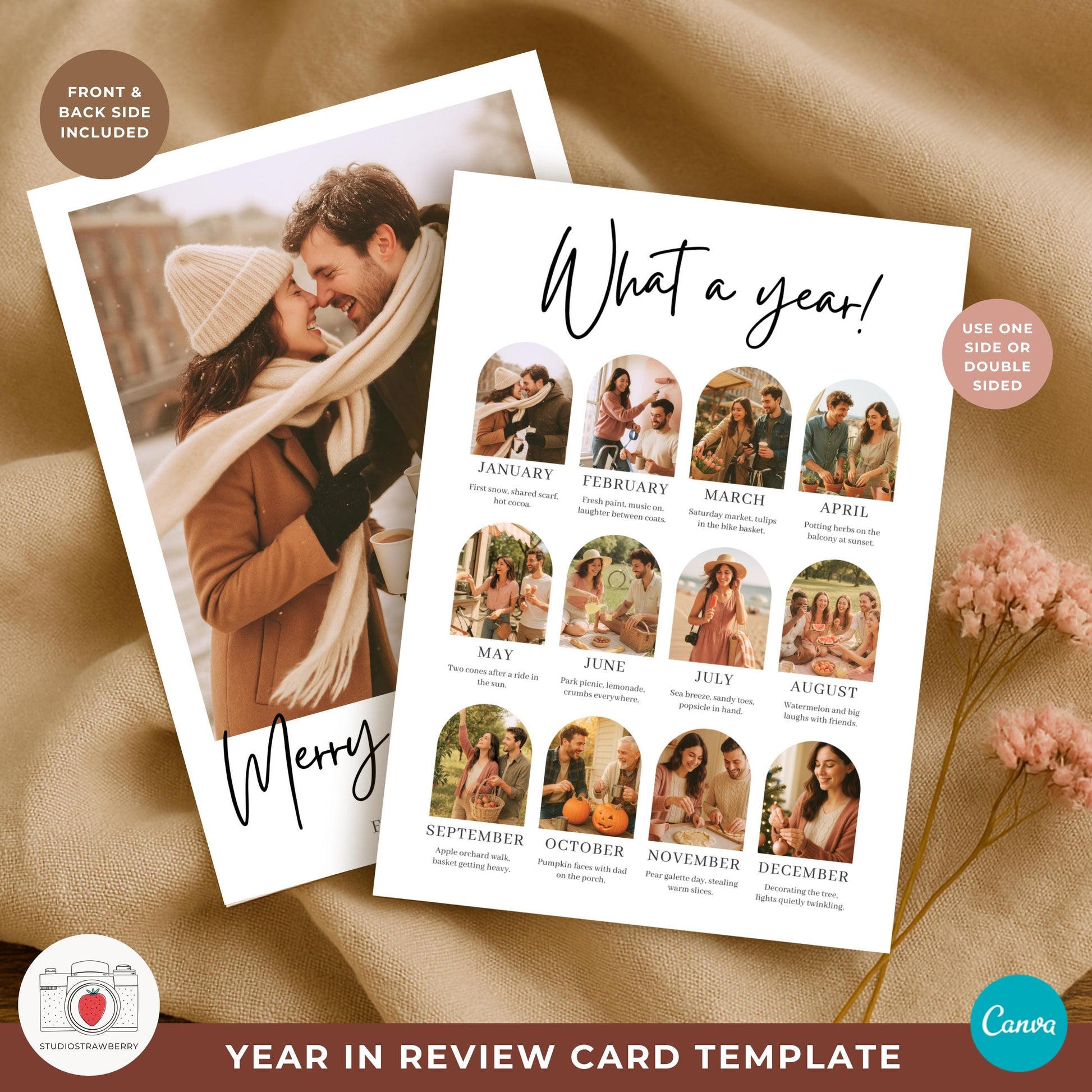 Printed family year in review template displayed on a cozy neutral background.