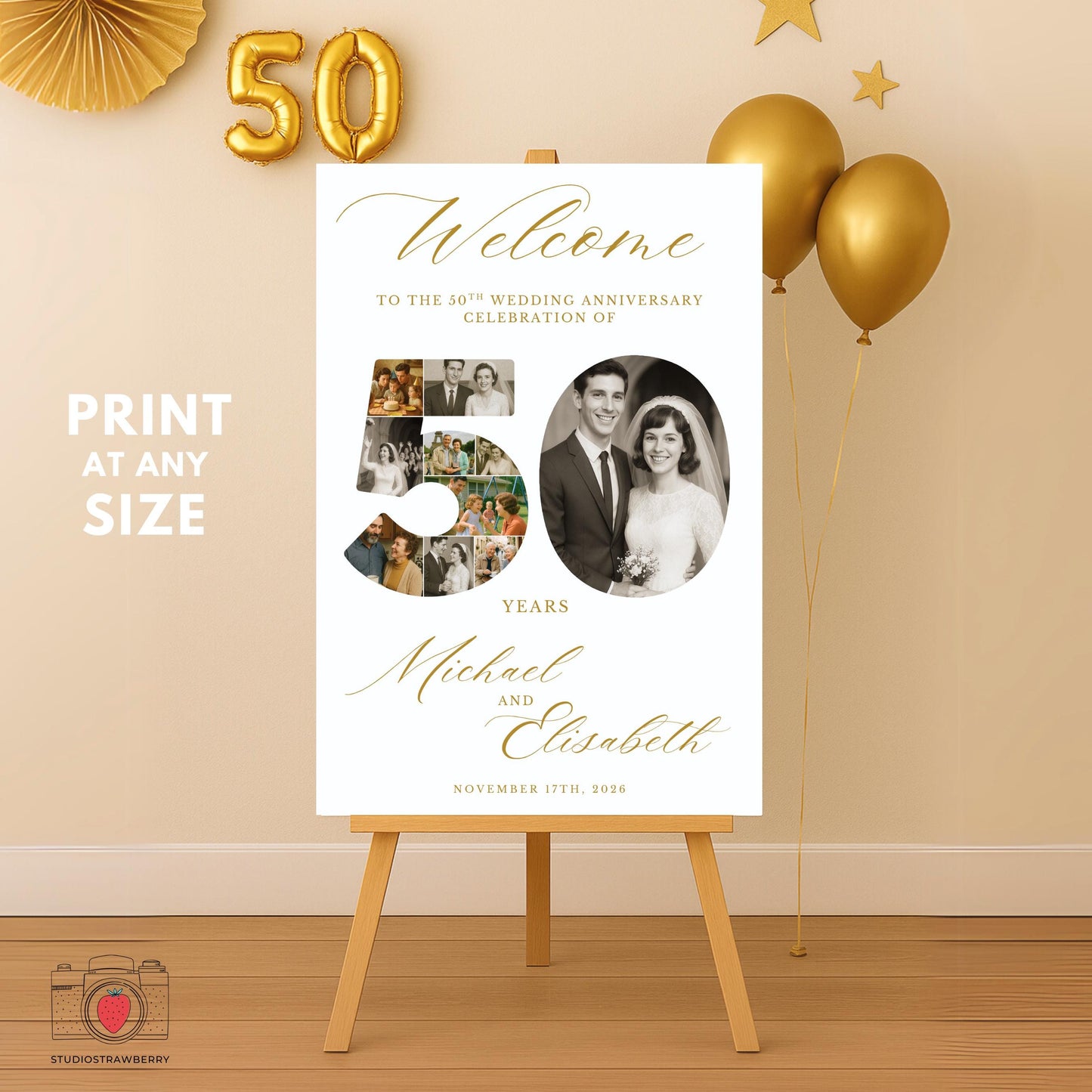 50 number photo collage anniversary sign showing favorite pictures from 50 years together.