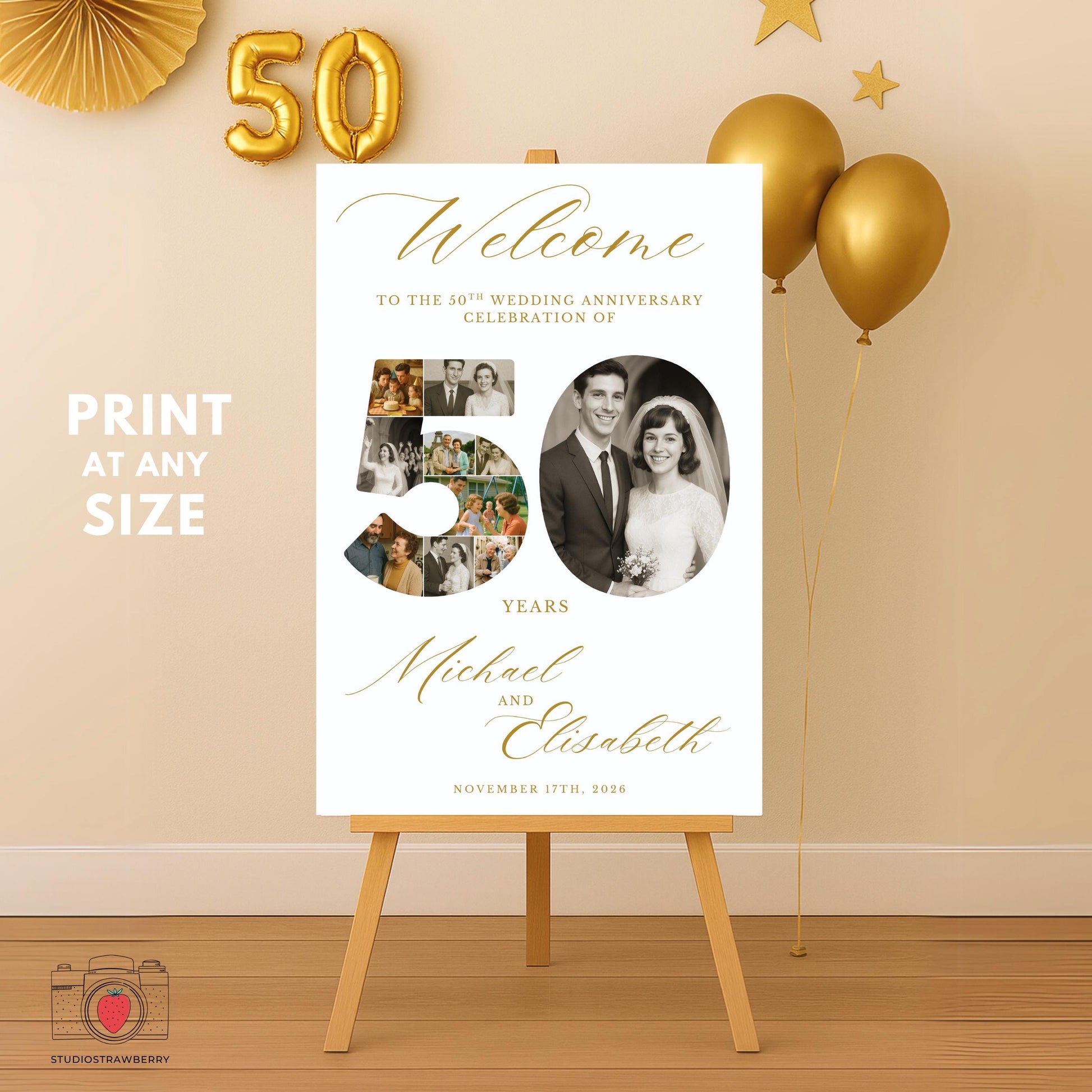 50 number photo collage anniversary sign showing favorite pictures from 50 years together.