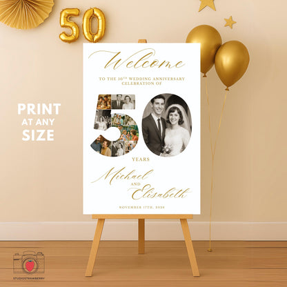 50 number photo collage anniversary sign showing favorite pictures from 50 years together.