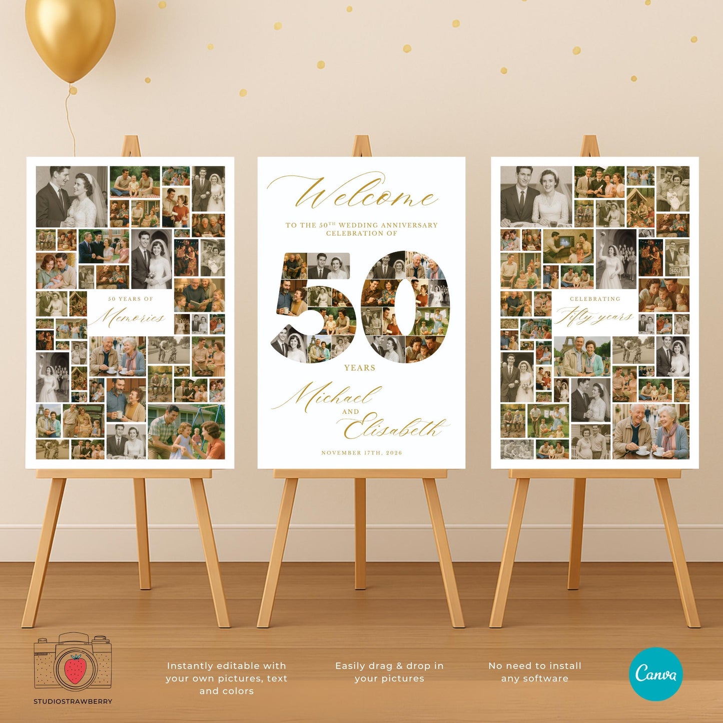 Set of 3 anniversary welcome signs including two photo collages and one center board.