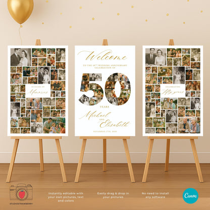 Set of 3 anniversary welcome signs including two photo collages and one center board.