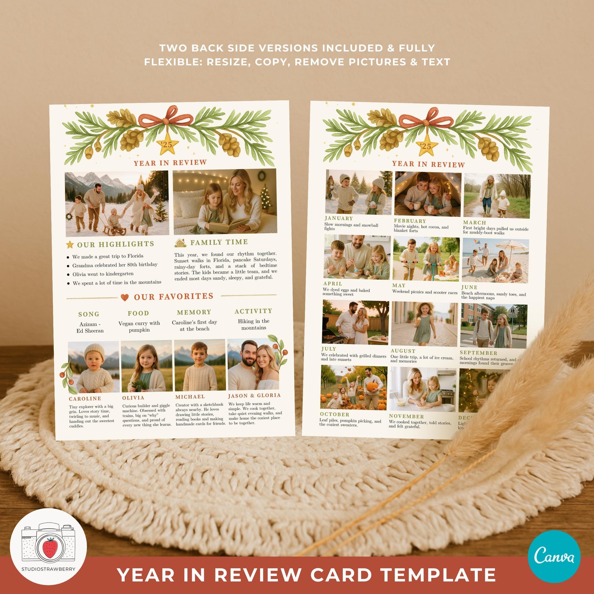 Holiday card template Canva showing the year in review facts sheet back option.