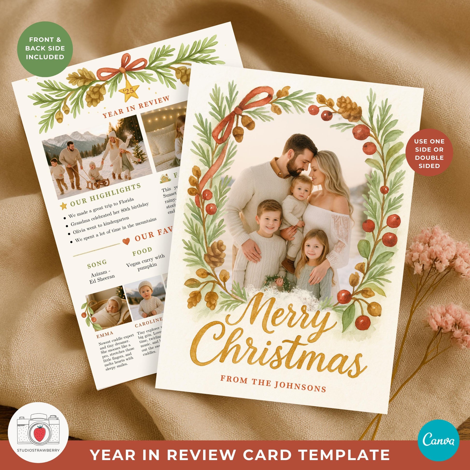 Family Christmas year in review card template with highlights and favorites.