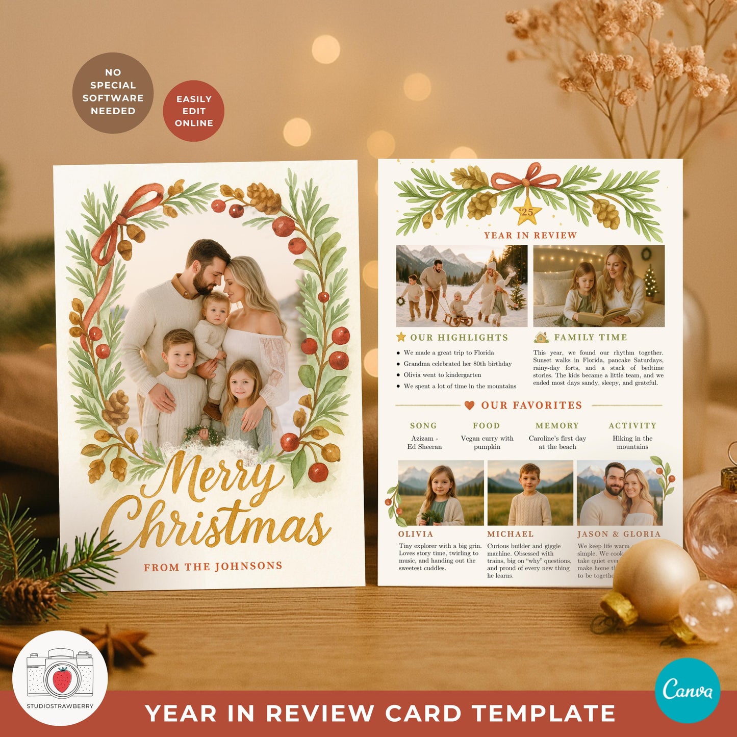 Watercolor year in review Christmas card with pine wreath and photo front, Canva editable.