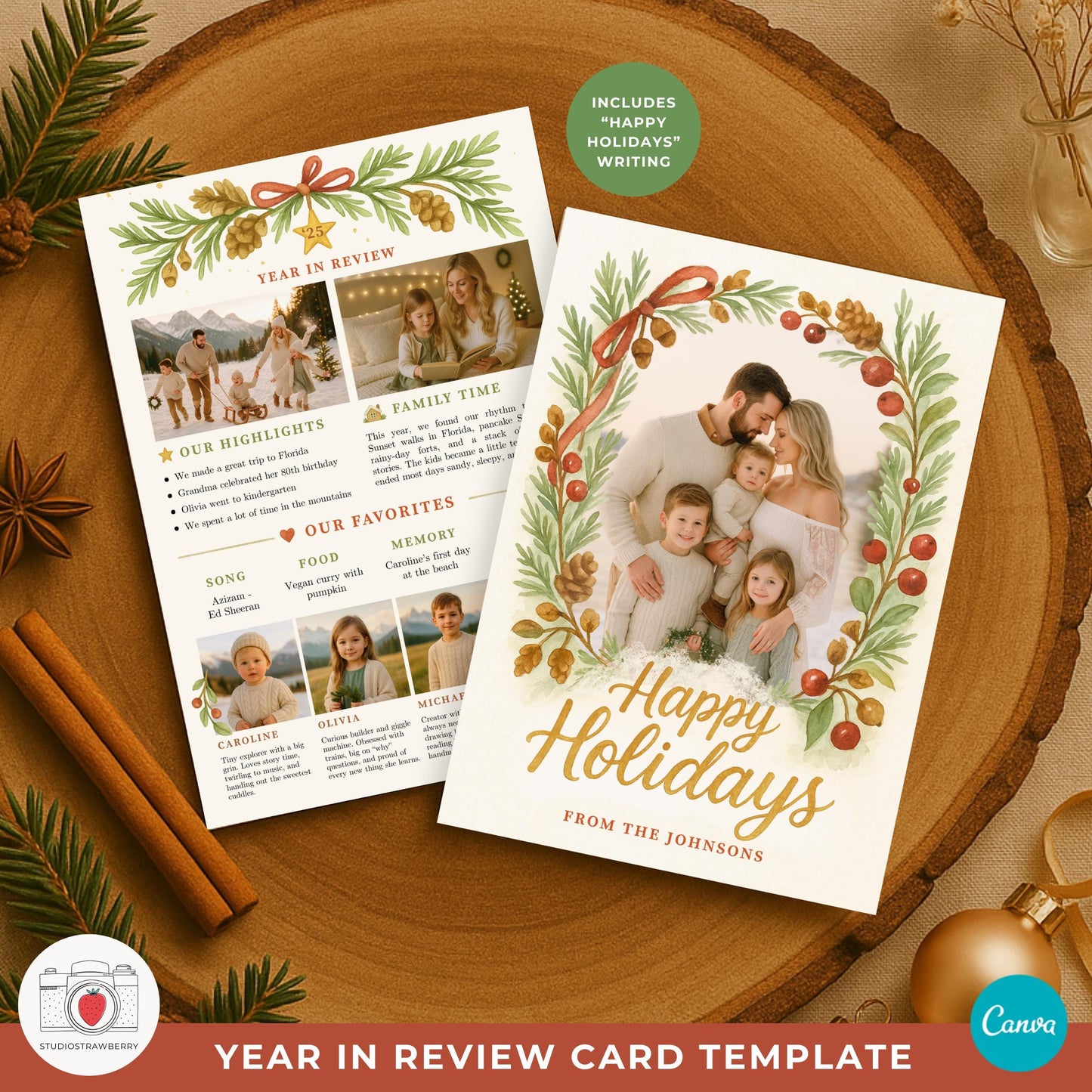 Two sided Christmas card template preview with front and back layouts.