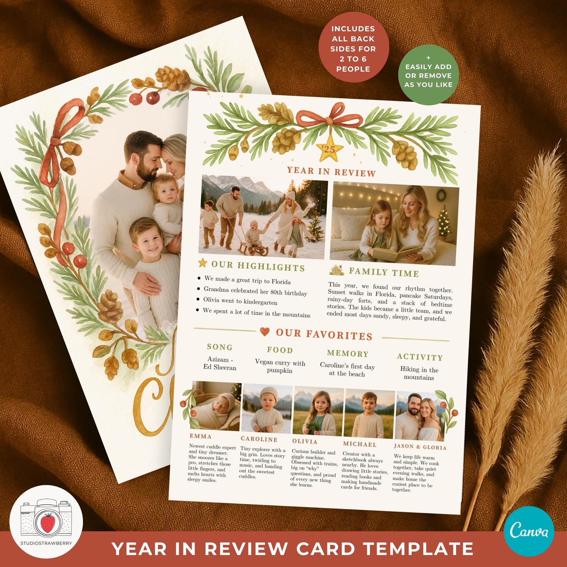 Photo Christmas card year in review design for families in Canva.
