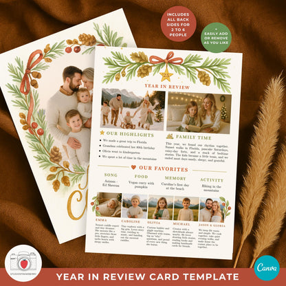 Photo Christmas card year in review design for families in Canva.
