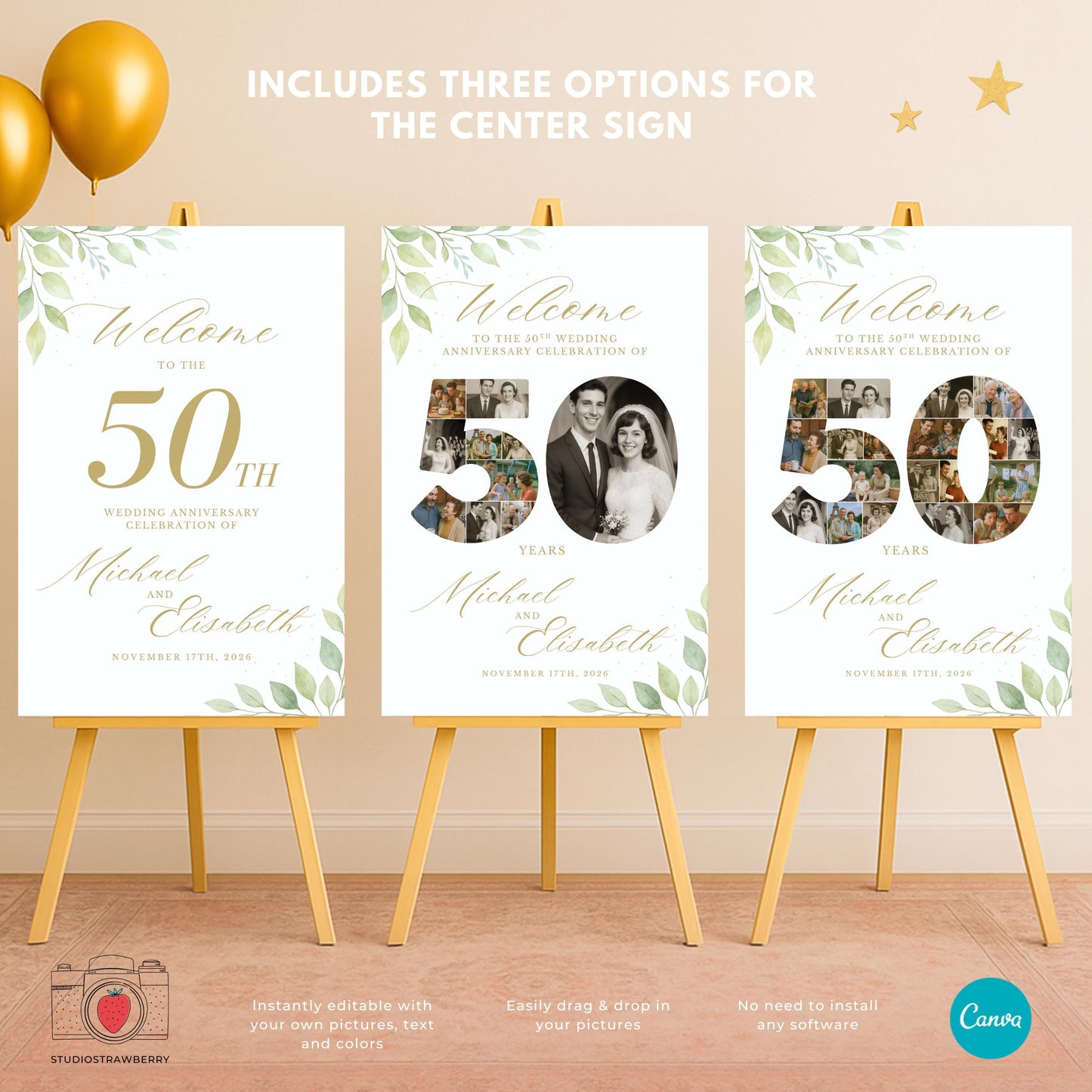 Golden anniversary welcome sign template in a classic style with soft greenery accents.
