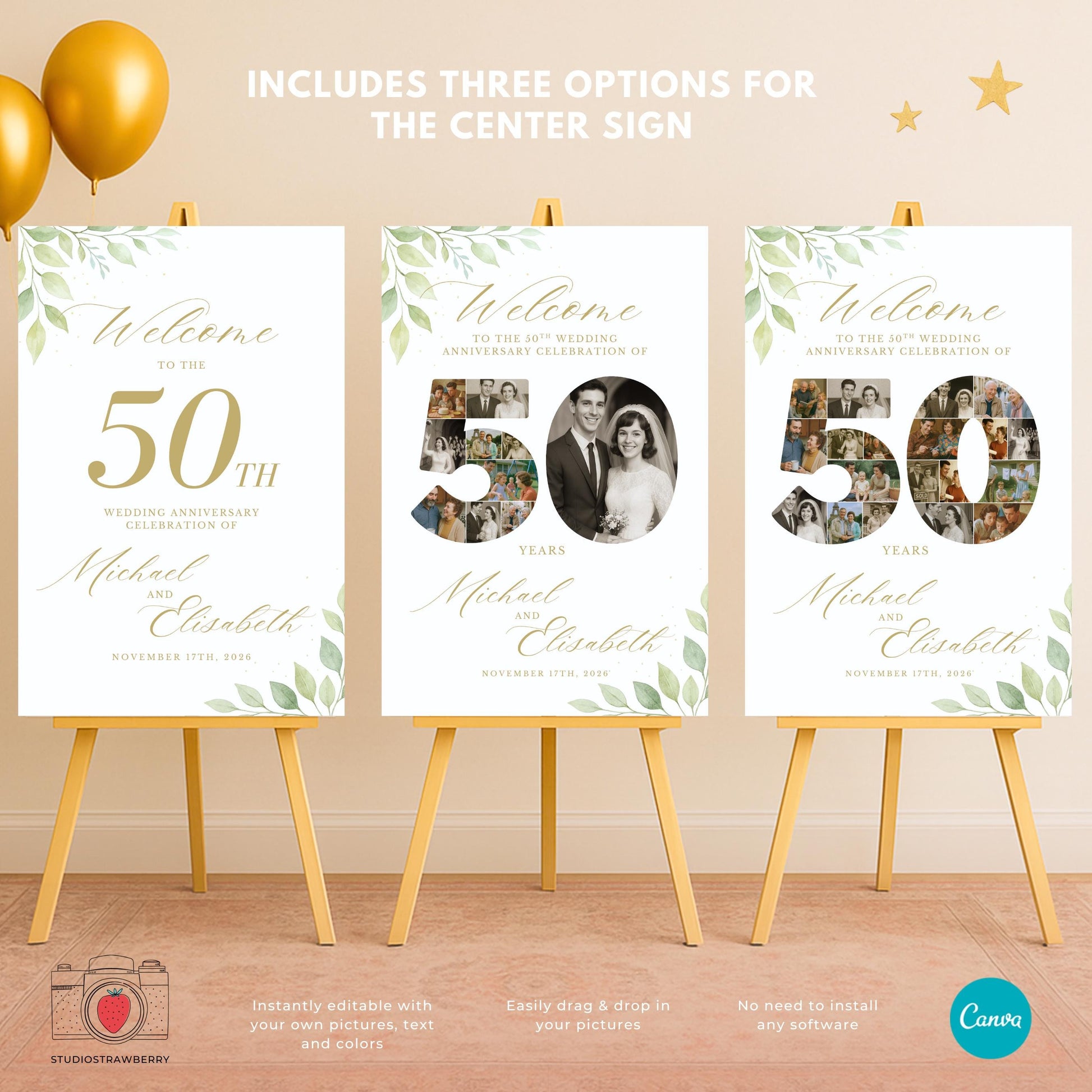Golden anniversary welcome sign template in a classic style with soft greenery accents.