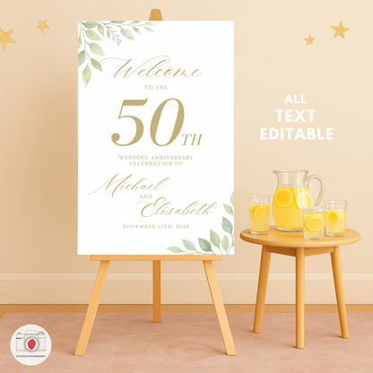 Green leaves wedding anniversary decor sign with a light, airy eucalyptus look.