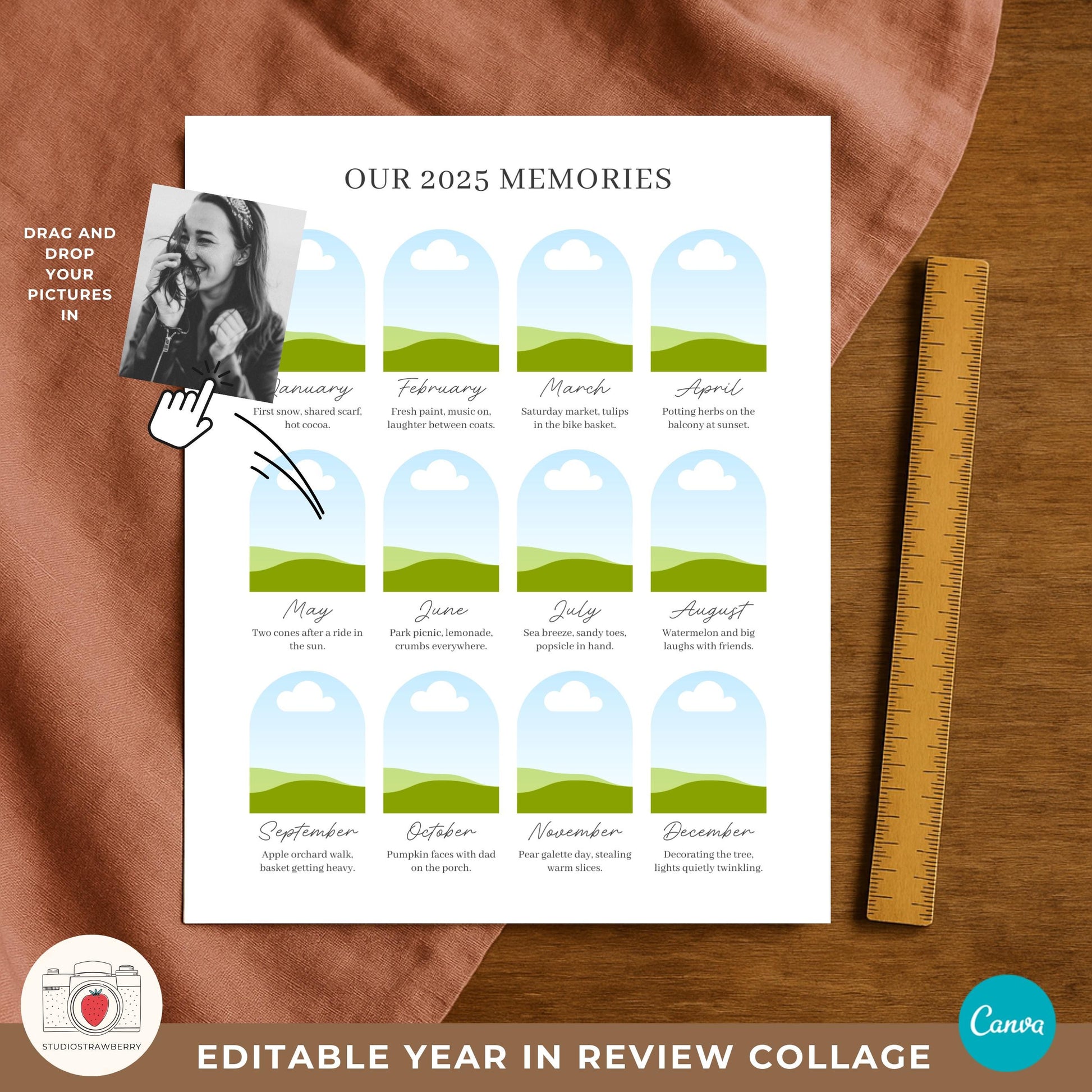 End of year photo collage printable styled on a wooden shelf.