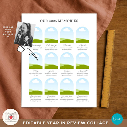 End of year photo collage printable styled on a wooden shelf.