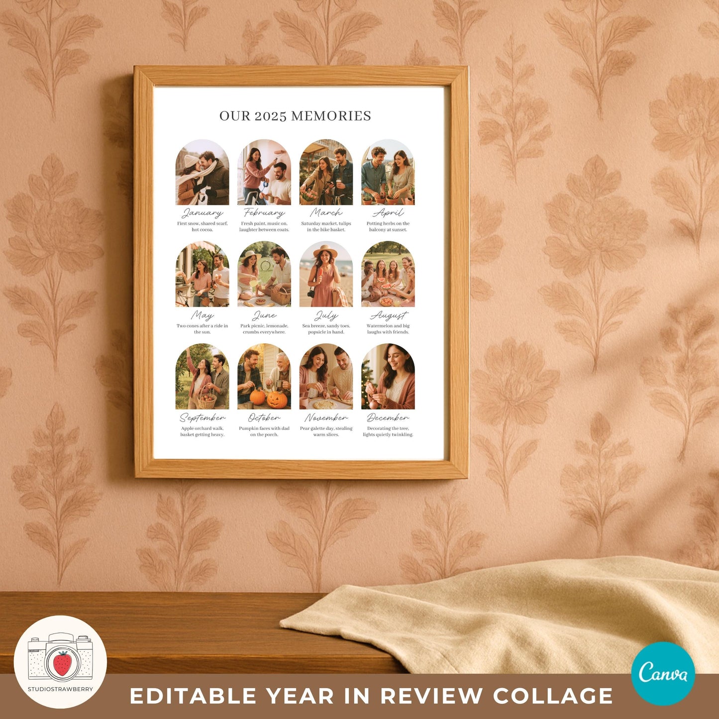First year married photo collage poster with elegant arch layout.