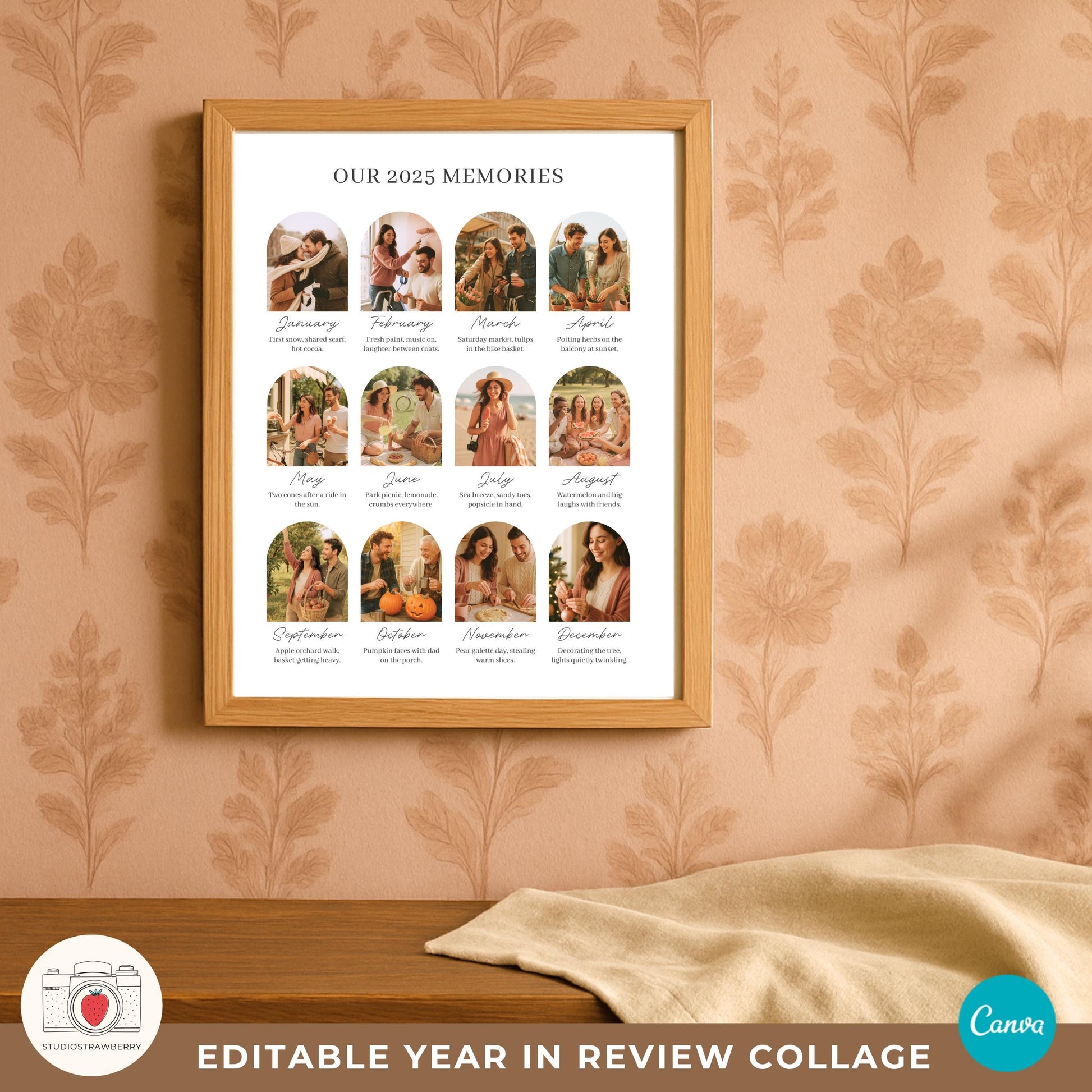 First year married photo collage poster with elegant arch layout.