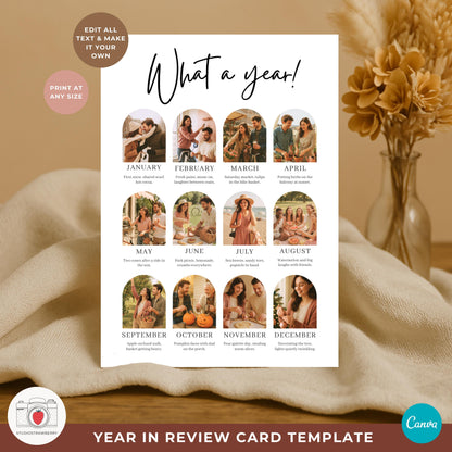 Styled flat lay of a what a year holiday card showing monthly photos and captions.