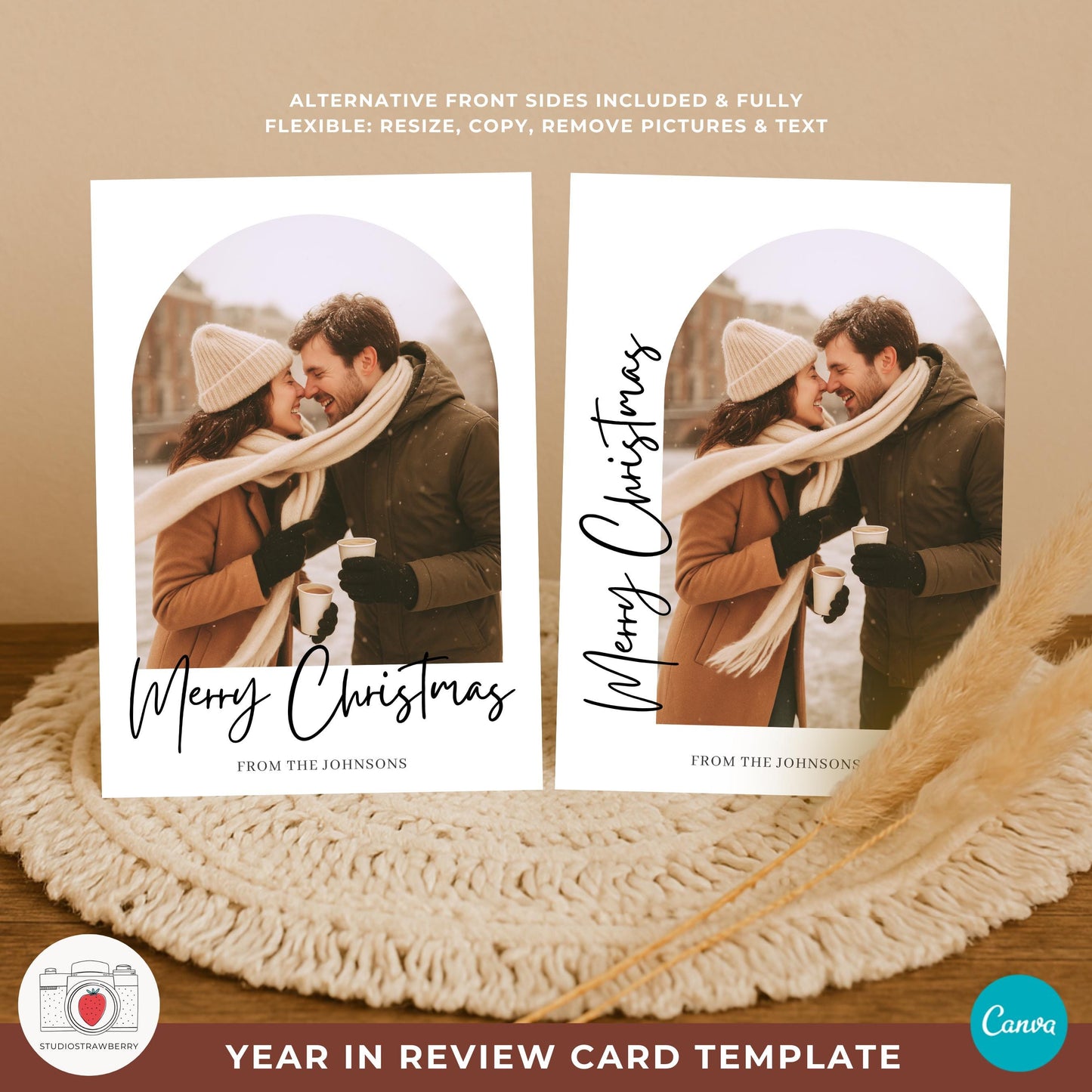 Close up of a 12 month photo collage template with soft arch frames ready to personalize in Canva.