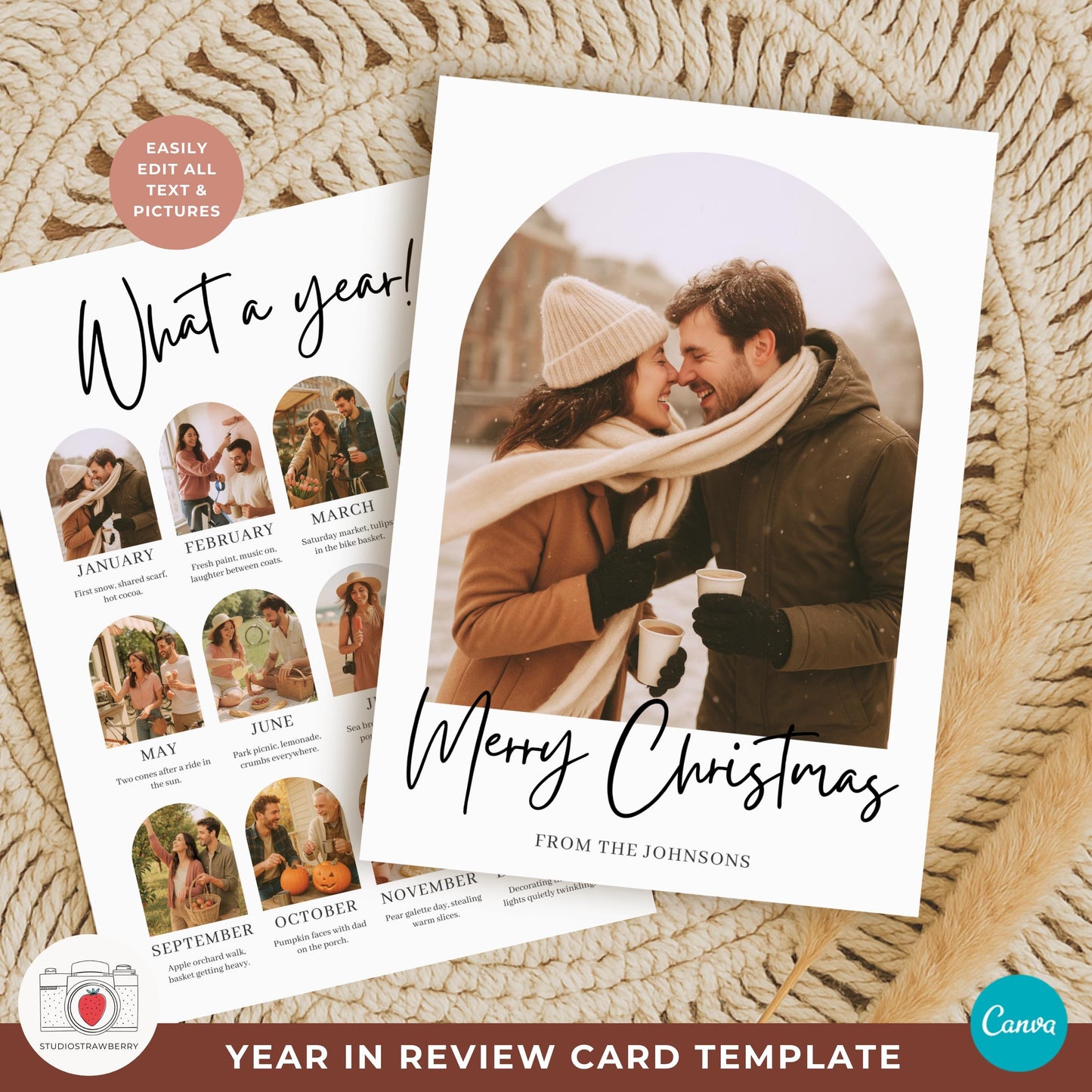 Front and back photo Christmas card with a single image front and a monthly collage back.