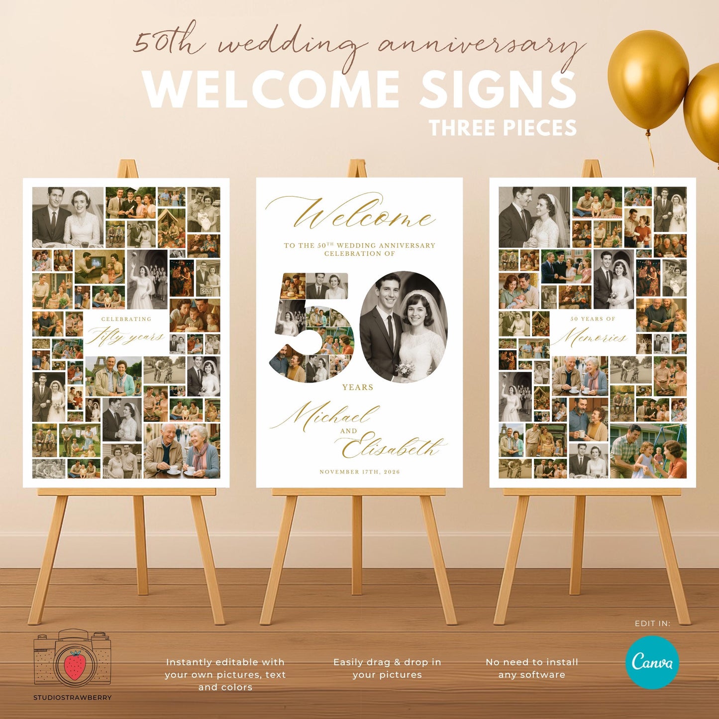 50th wedding anniversary welcome sign template with elegant gold accents for party entrance.