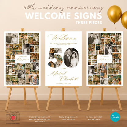 50th wedding anniversary welcome sign template with elegant gold accents for party entrance.