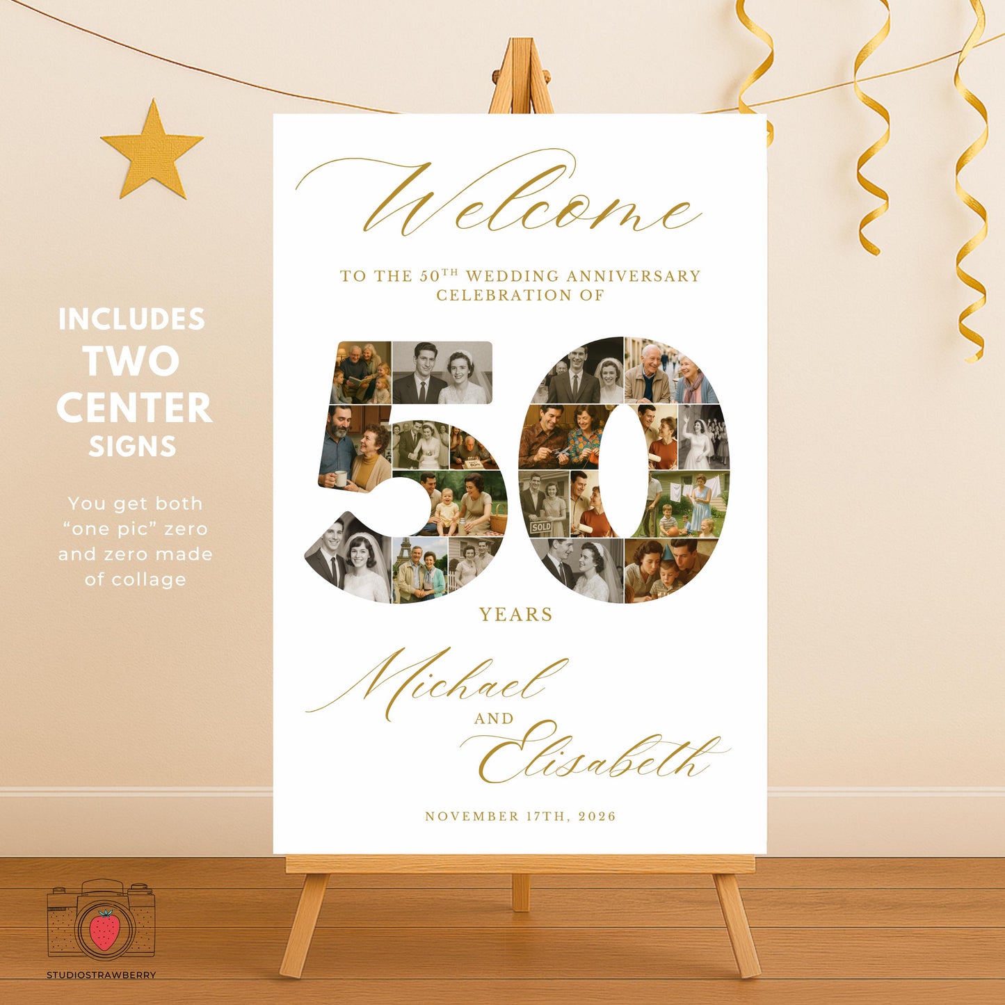 Golden anniversary welcome board Canva template for an editable printable sign.
