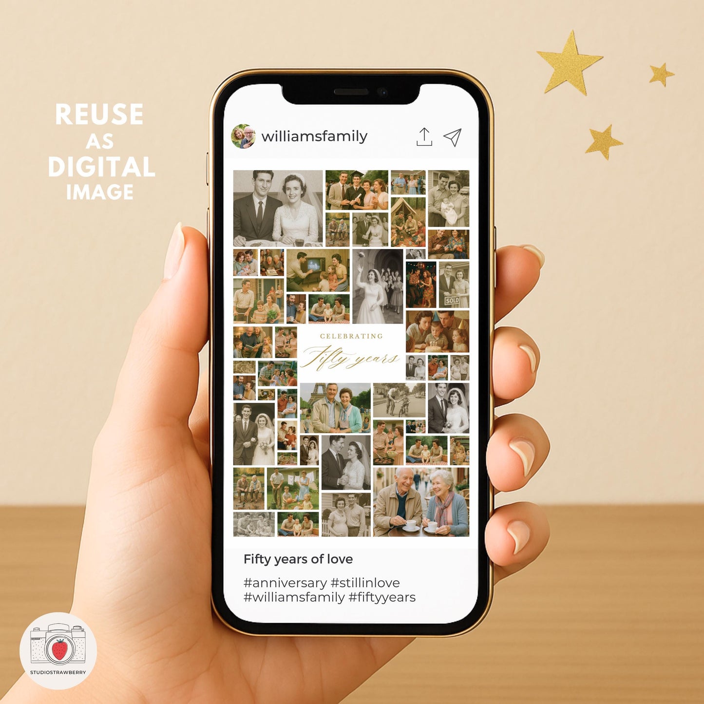 Memories collage board for 50 years of marriage using many small photo placeholders.