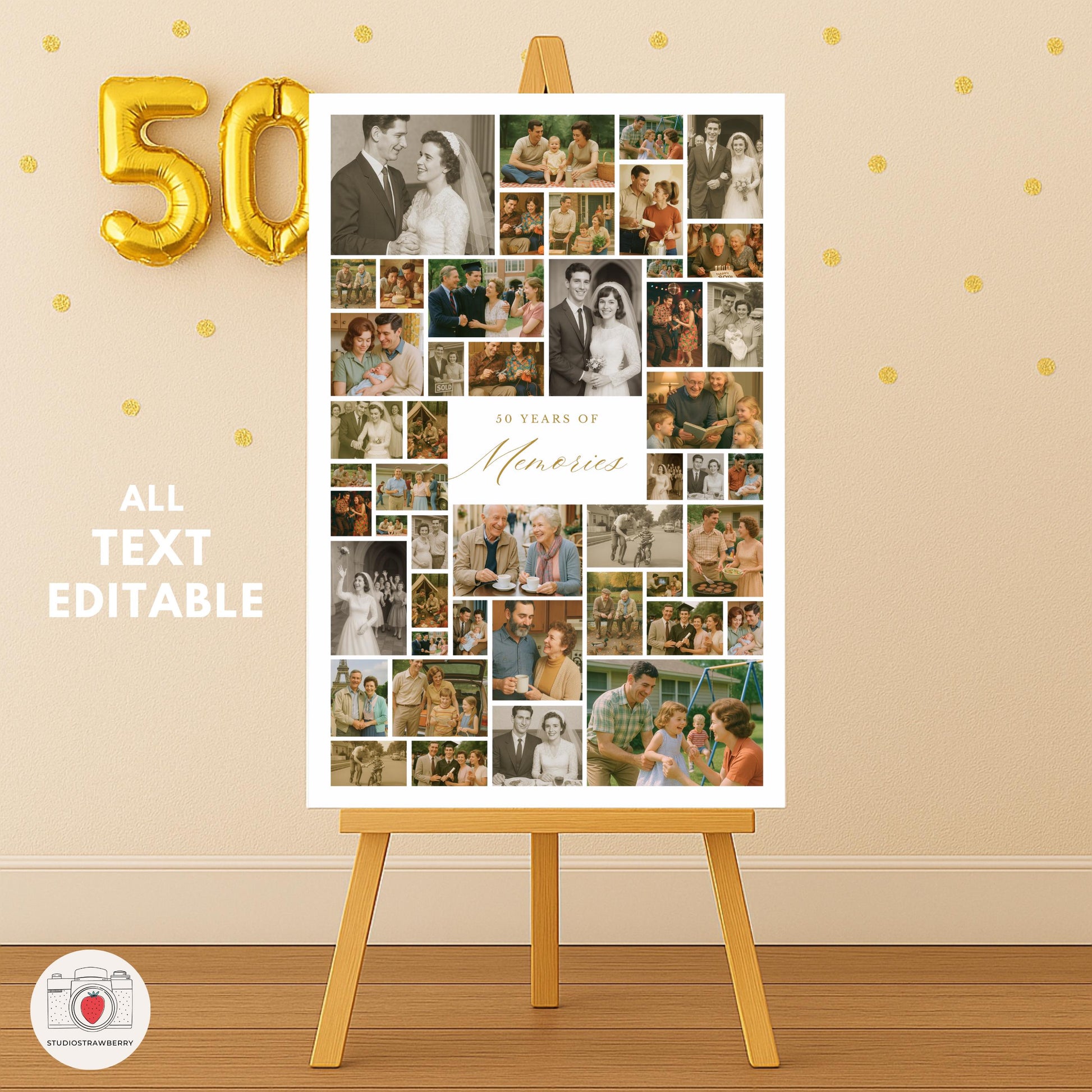 Neutral gold style anniversary sign that matches classic 50th party decor.