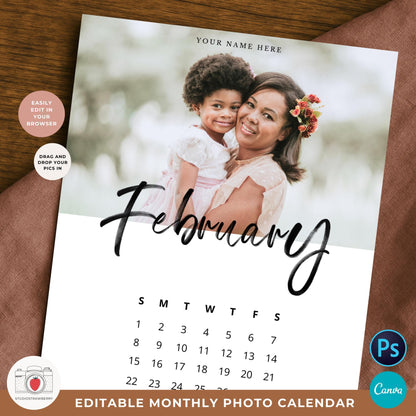 Canva photo calendar template A4 and letter size, easy to edit and print at home or shop.