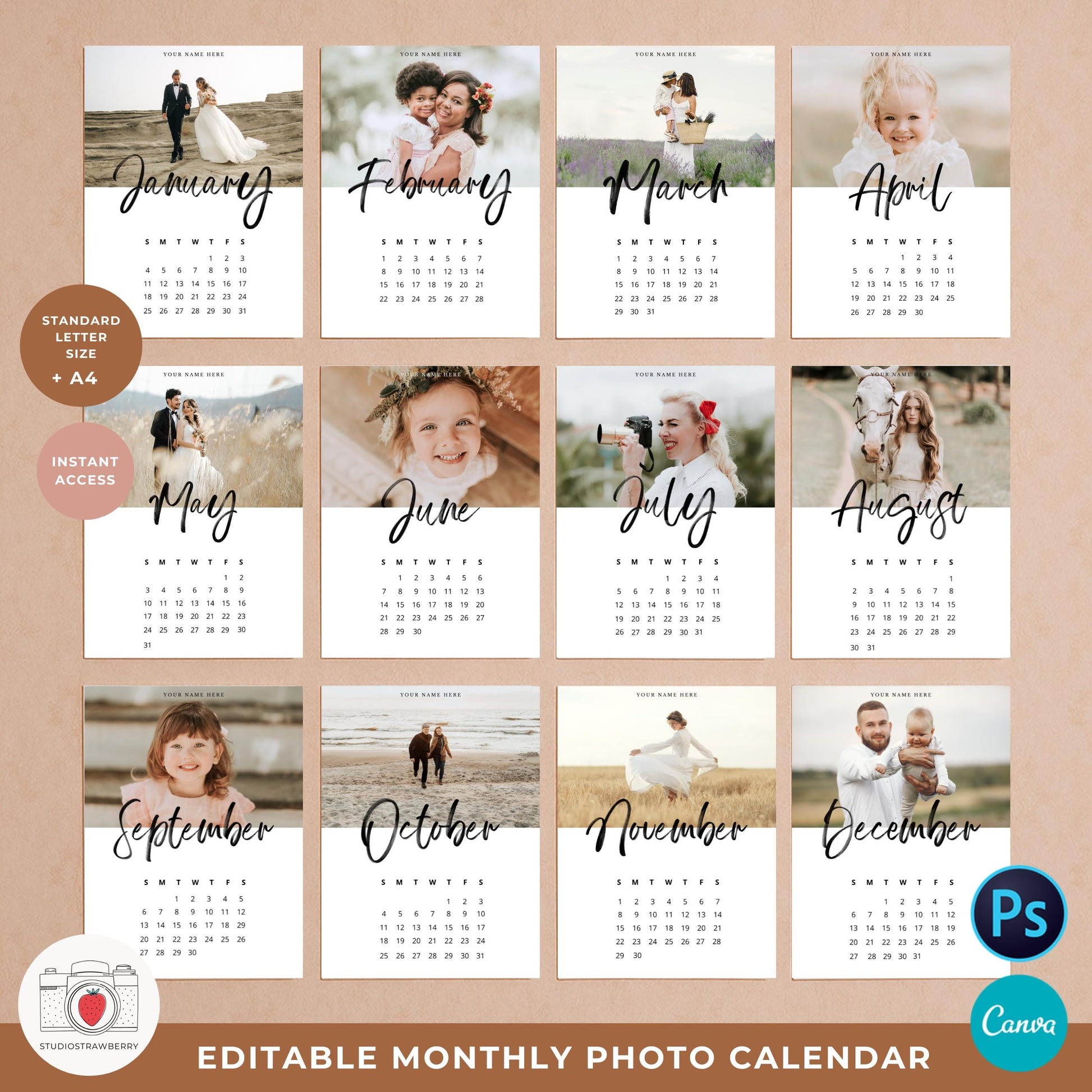 Custom family photo wall calendar printable showing a January page with your own photo on top.