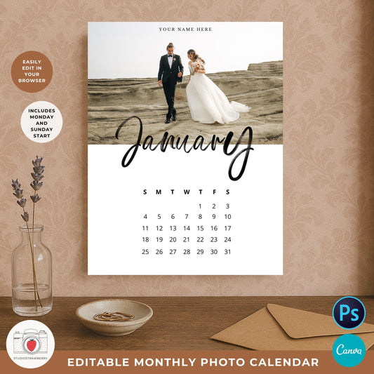 Editable monthly photo calendar template with space for your images and clean script month title.