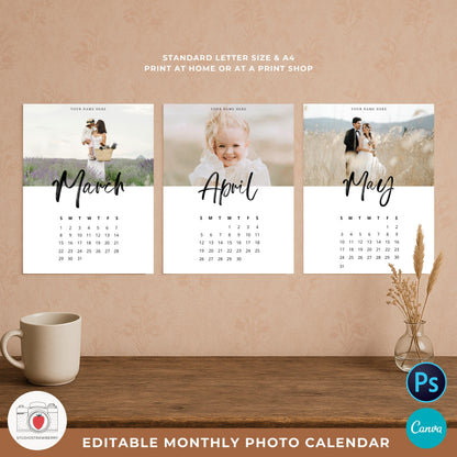 12 month printable photo calendar set with all months included for a full year.