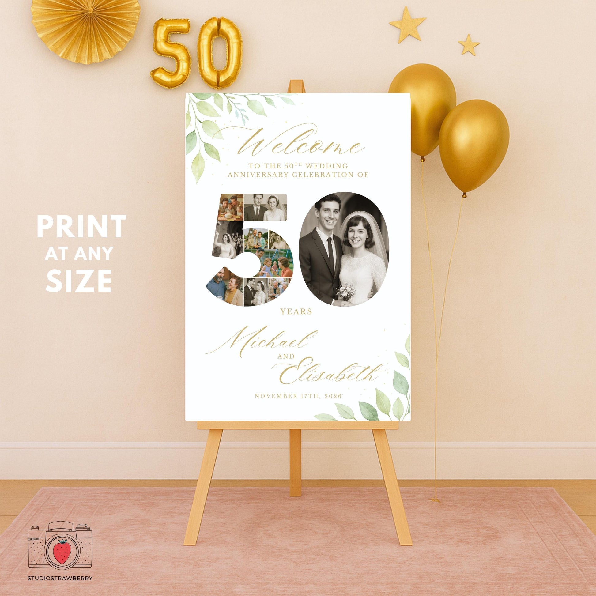 Number 50 photo collage welcome sign template featuring photos inside the digits for a 50 year celebration.