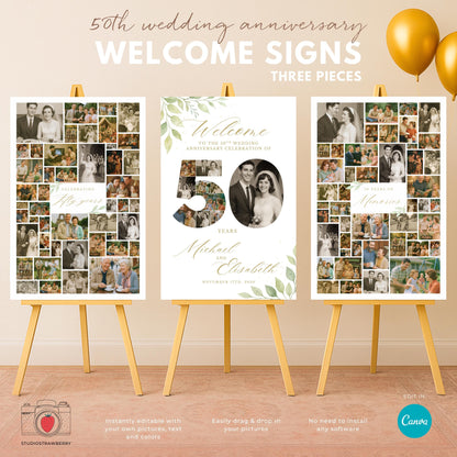 Eucalyptus 50th anniversary welcome sign set with green leaves and elegant script for a golden anniversary party.