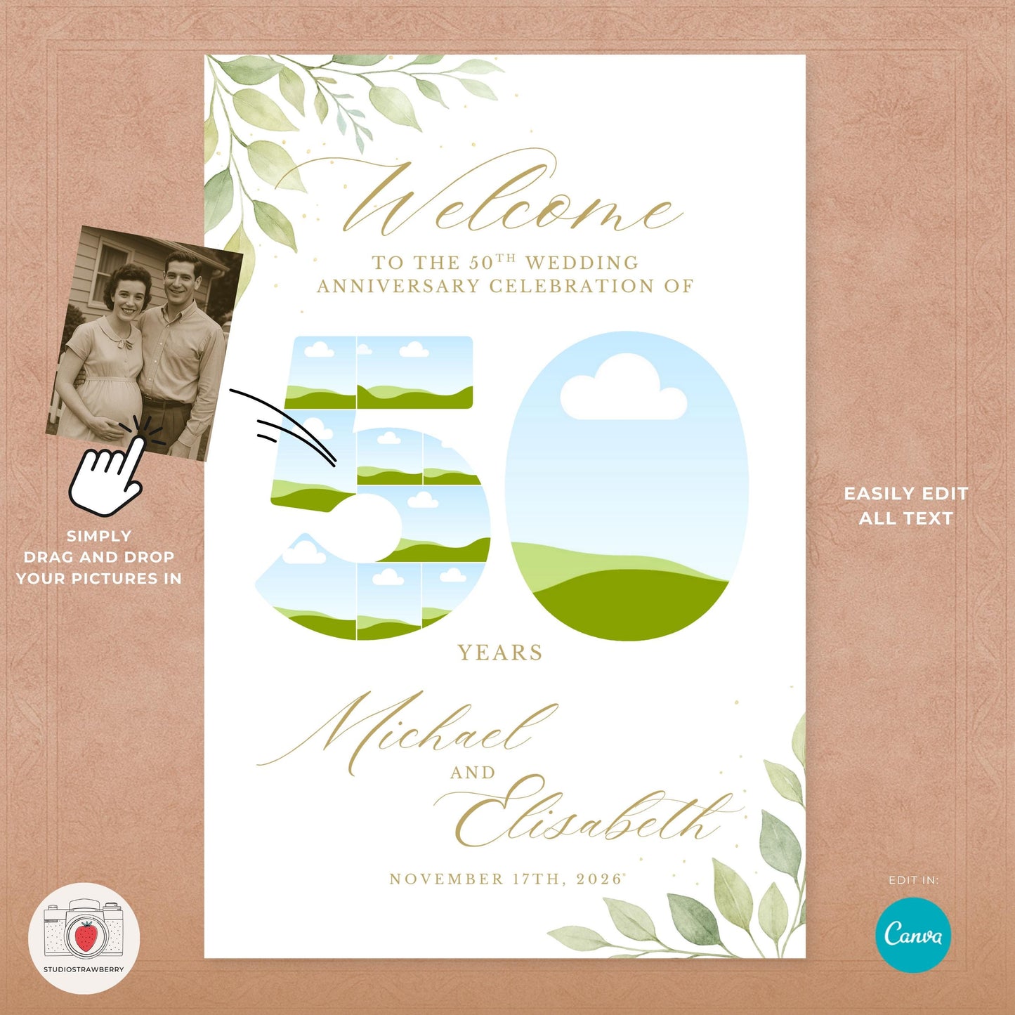 Three piece anniversary sign bundle including two collage boards and a central welcome poster.
