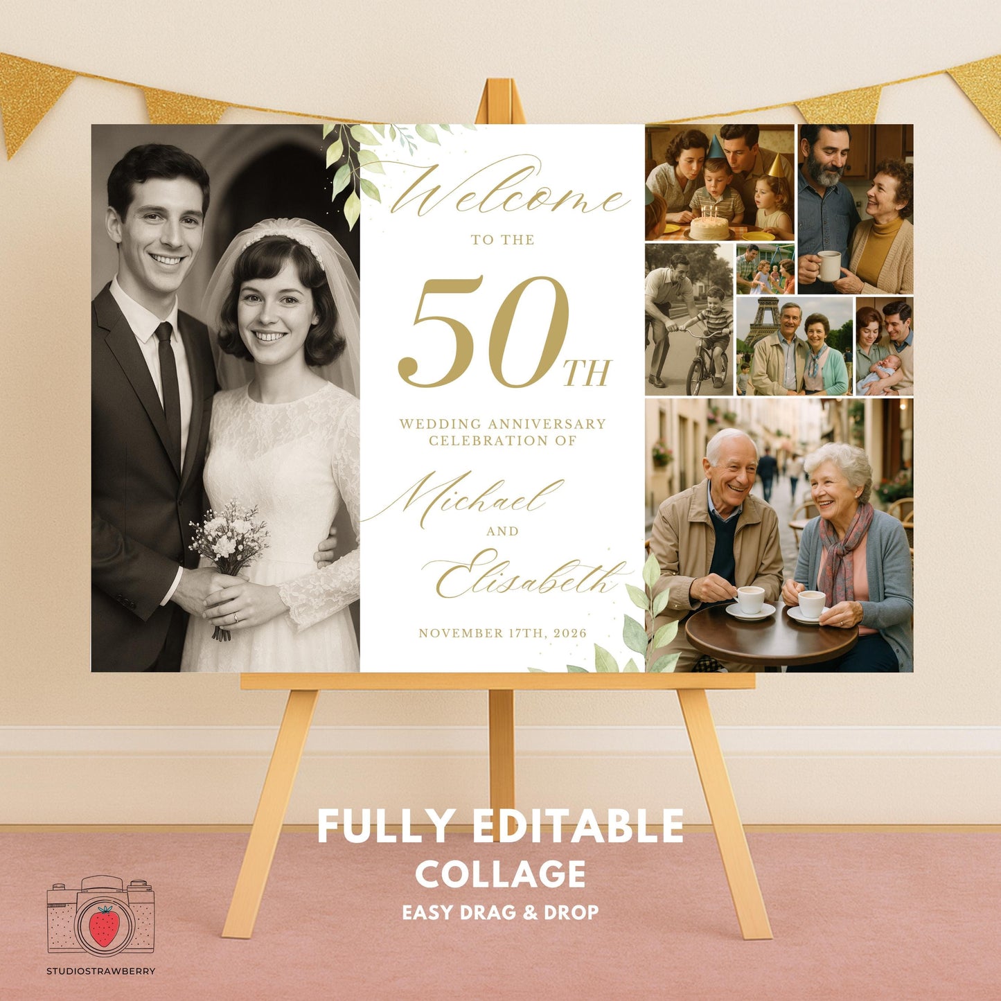 Customizable wedding anniversary welcome board design with gold typography and greenery.