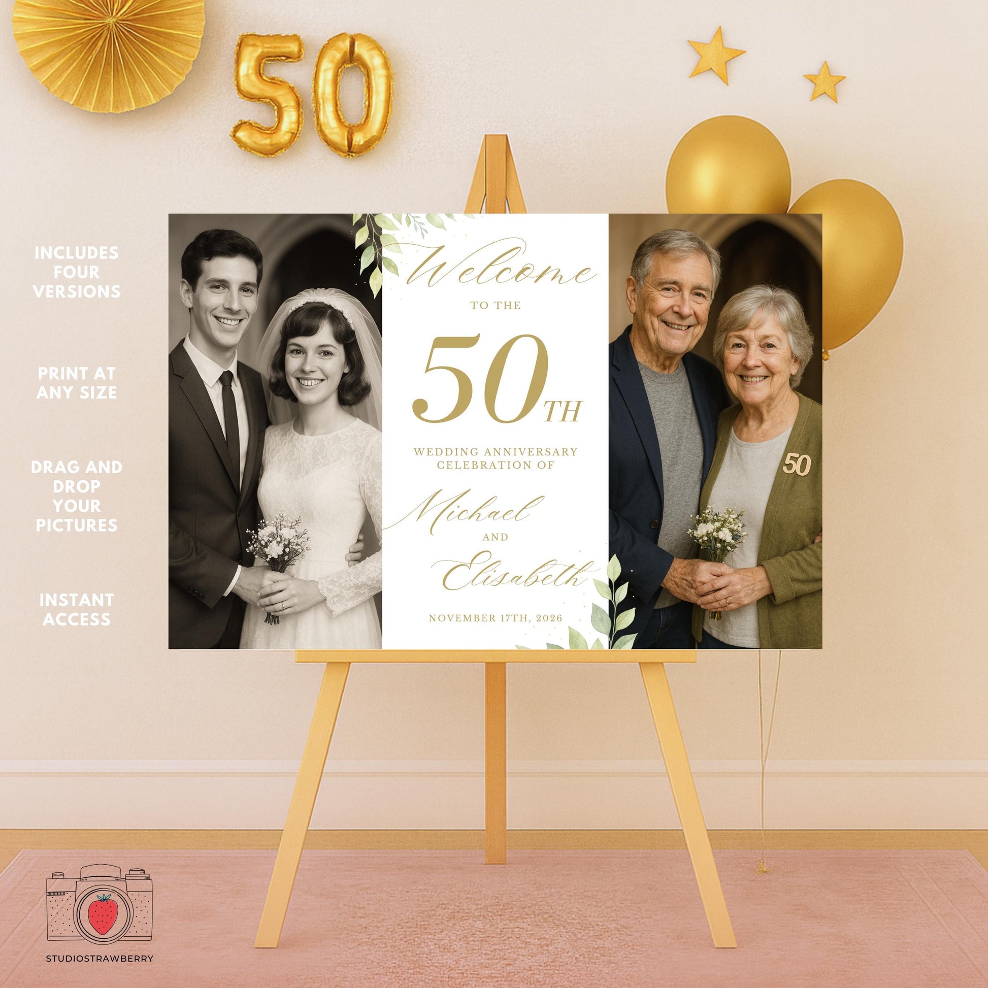 Editable 50th anniversary poster in Canva featuring classic and modern photo layouts.