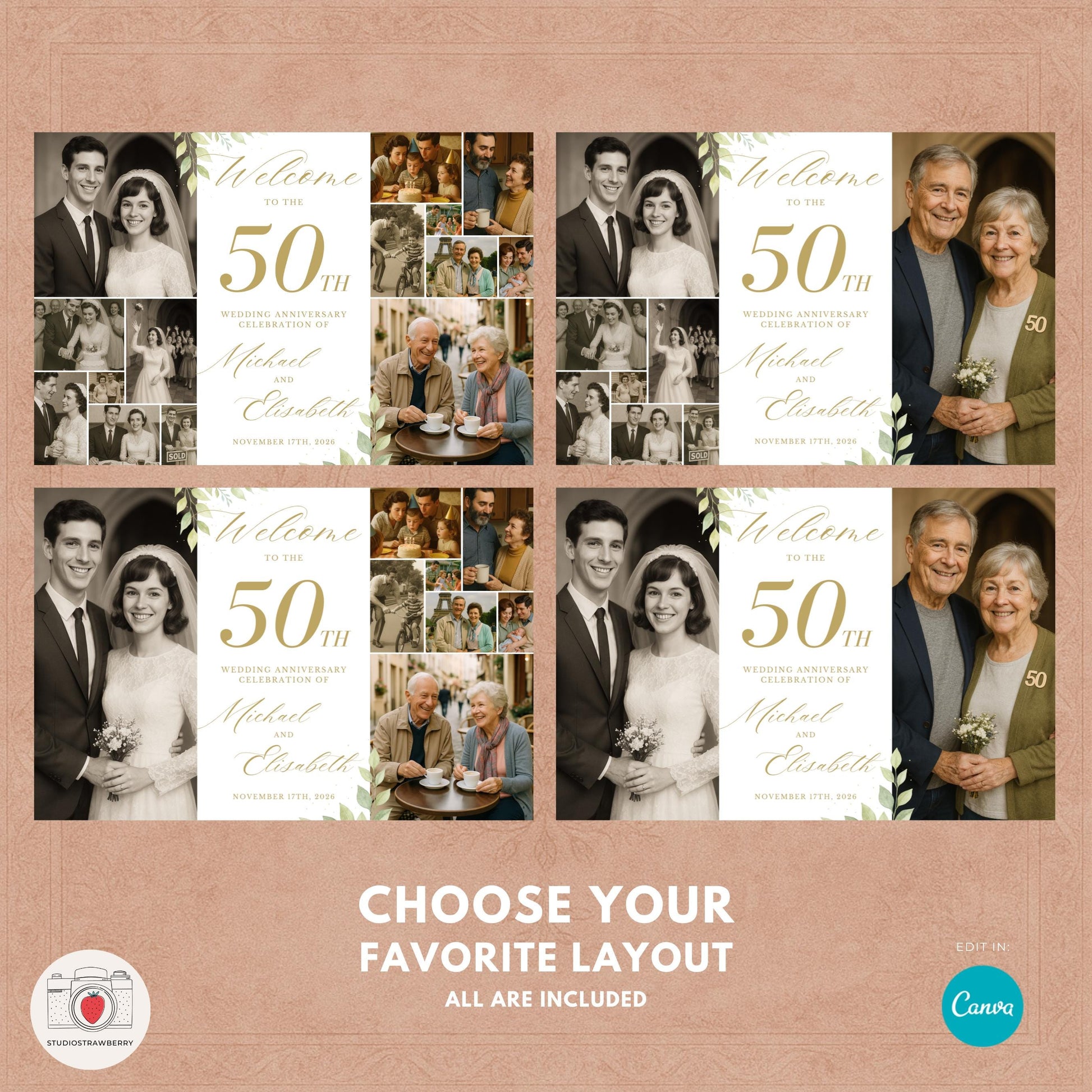 Golden anniversary photo collage welcome sign template for 50 years of marriage celebration.