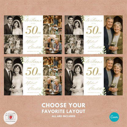 Golden anniversary photo collage welcome sign template for 50 years of marriage celebration.