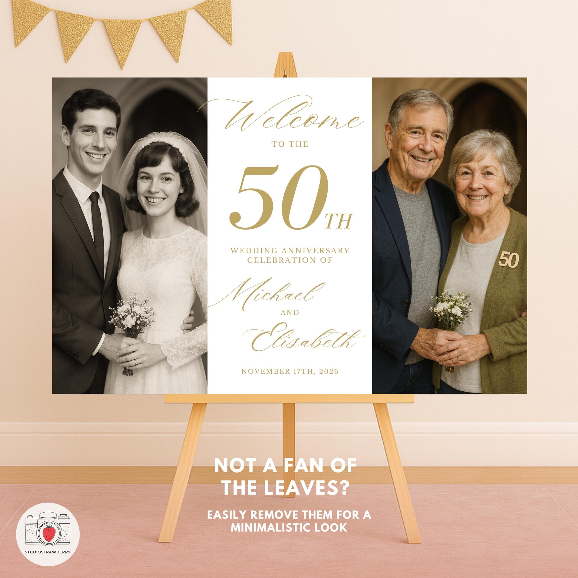 Customizable 50th wedding party welcome poster with vintage and current couple portraits.