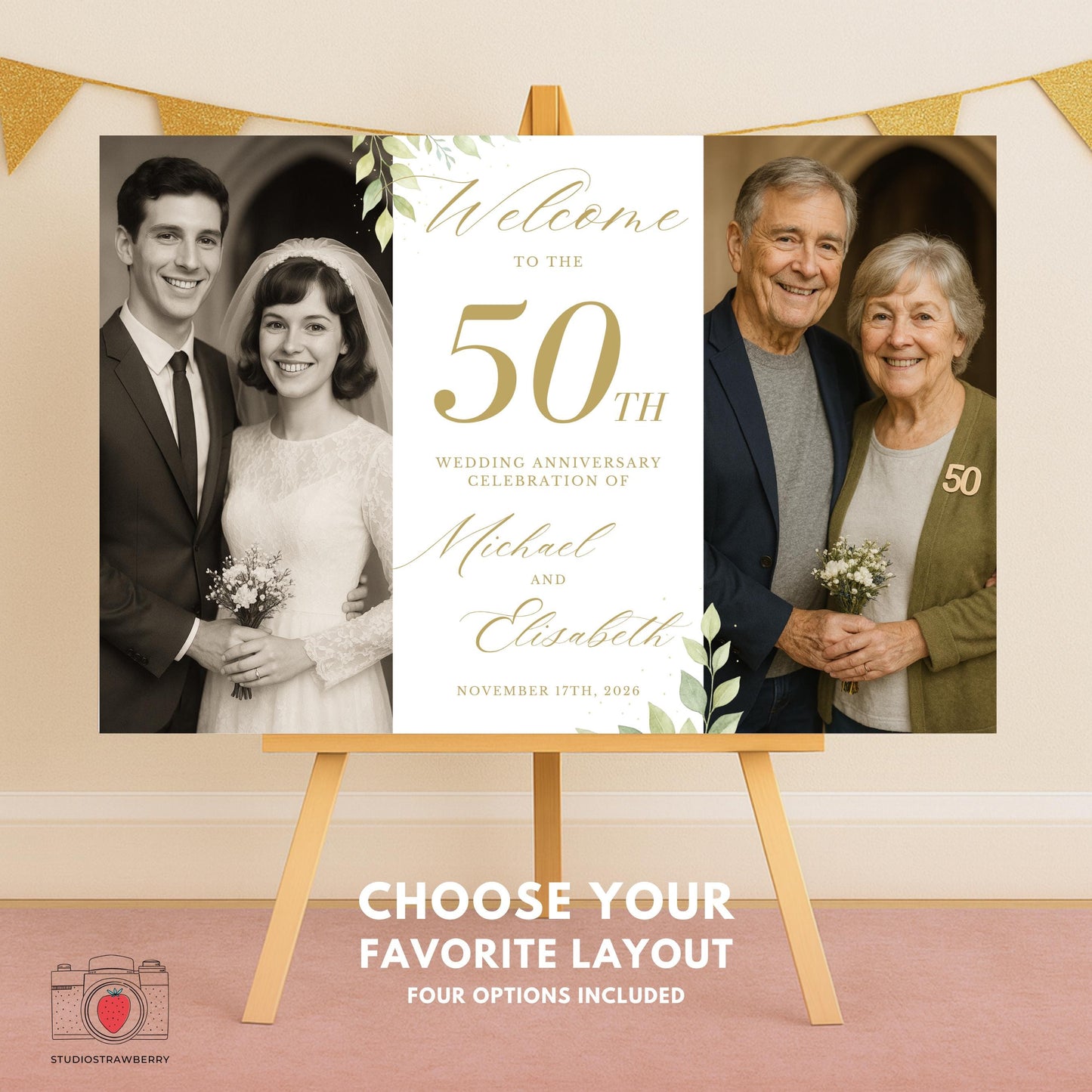 Instant download golden anniversary sign template, easy to edit and print at any size.