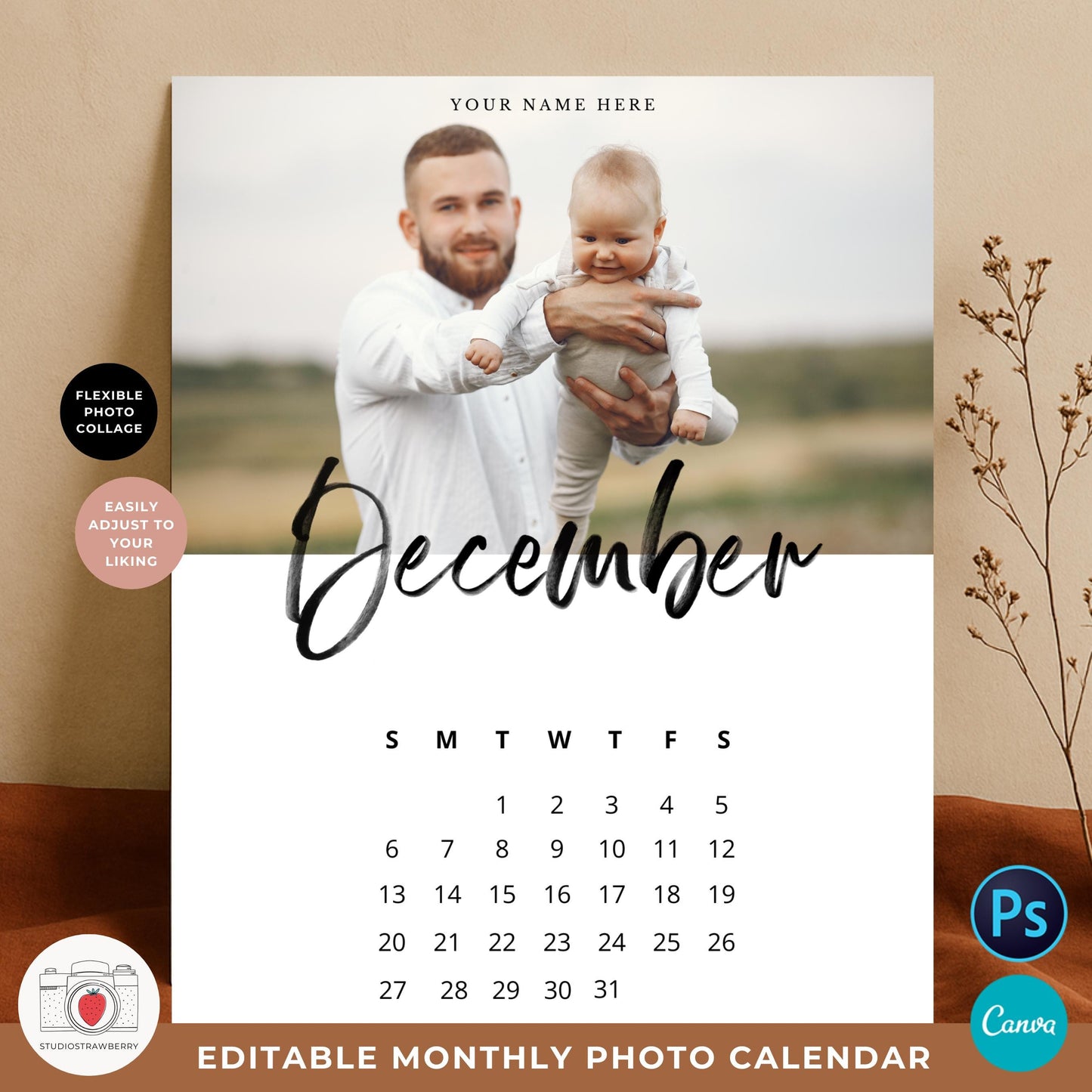 Minimal script monthly calendar template closeup with modern typography.
