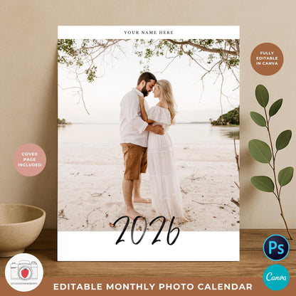 Sunday start photo calendar template version for US style weekly layout.