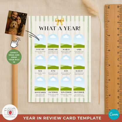 Christmas card template showing photo placeholders for each month of the year.