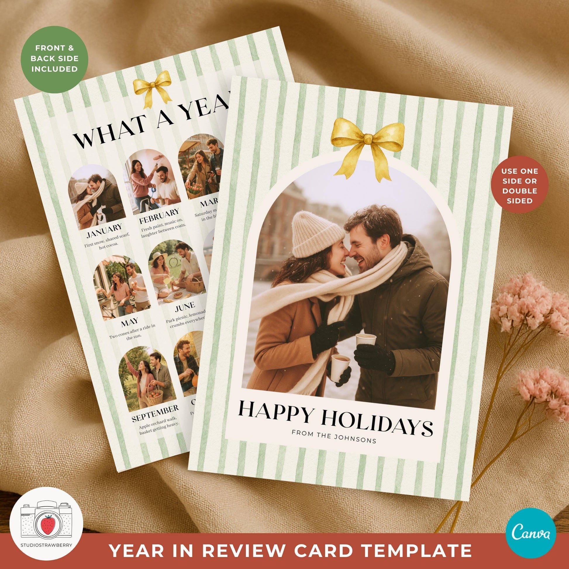 Year in review Christmas card template with front and back photo design for families.