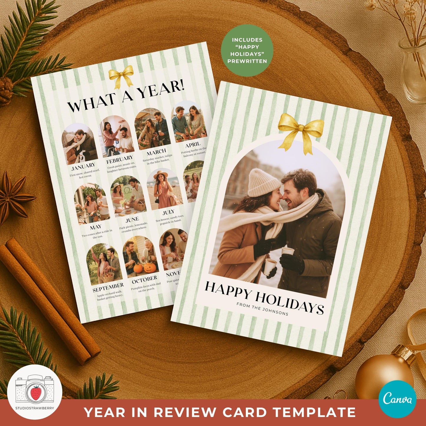 Double sided Christmas card printable with green watercolor stripes and gold bow.