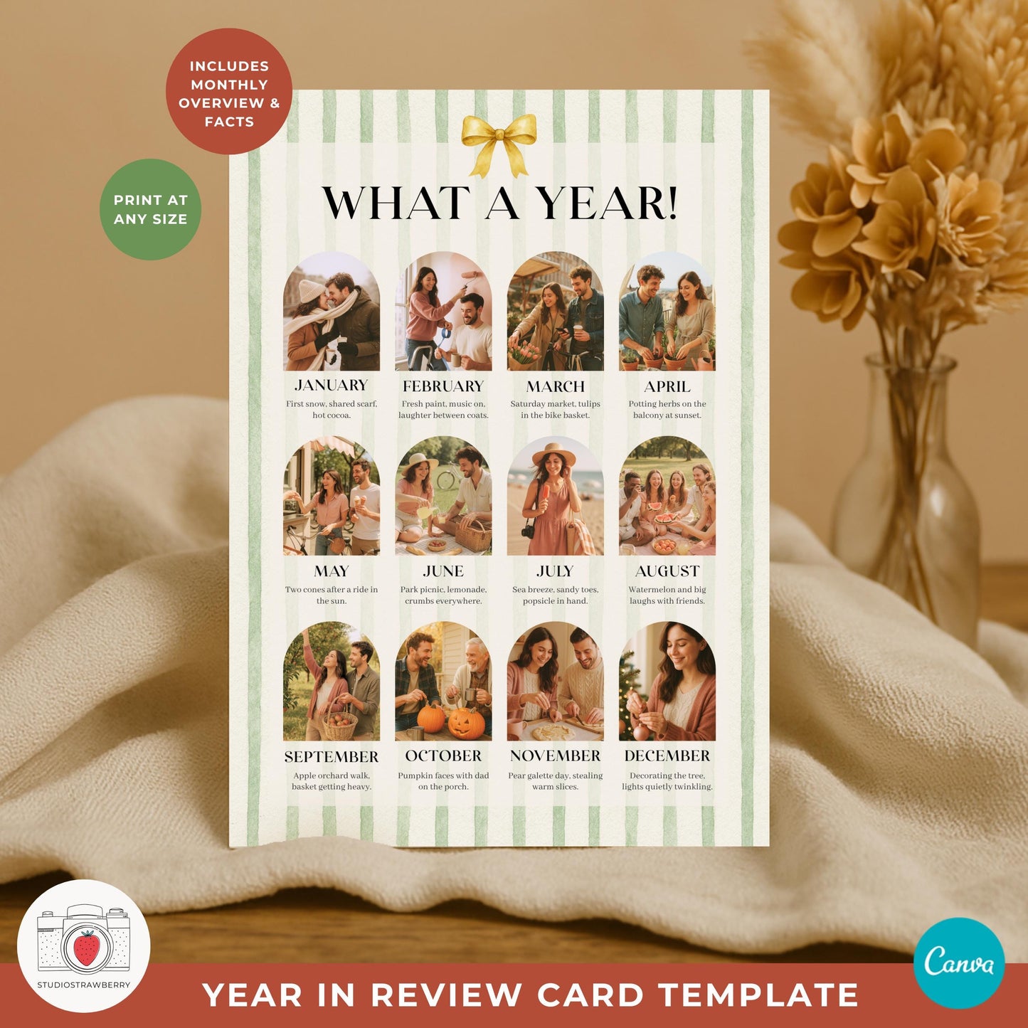 Year in review card with monthly photo collage perfect for family memories.