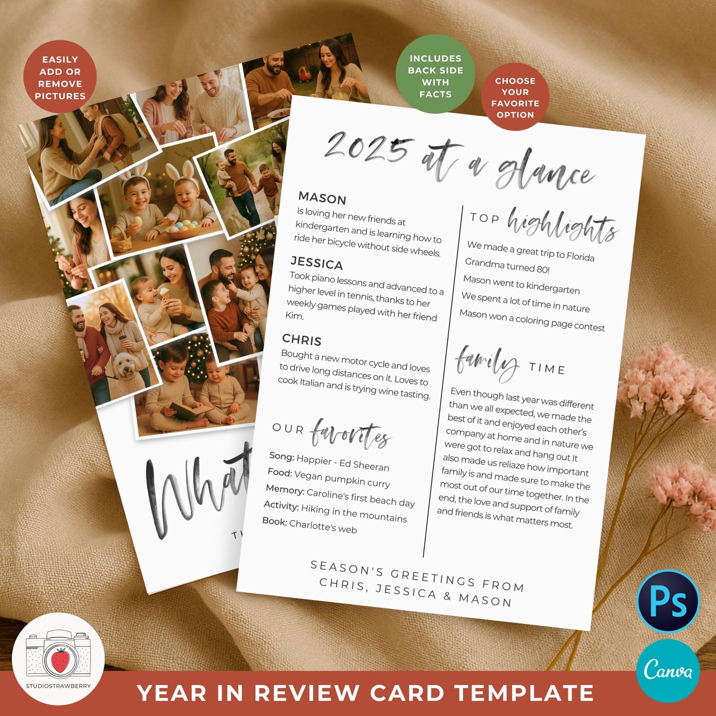 Family photo collage holiday card featuring modern neutral design.